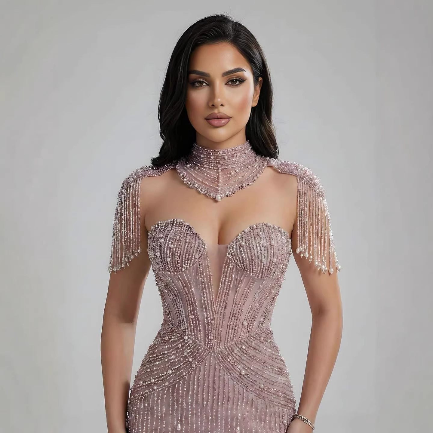 Luxury Nude Pearl Beaded Tassel Mermaid Evening Dress LA73183