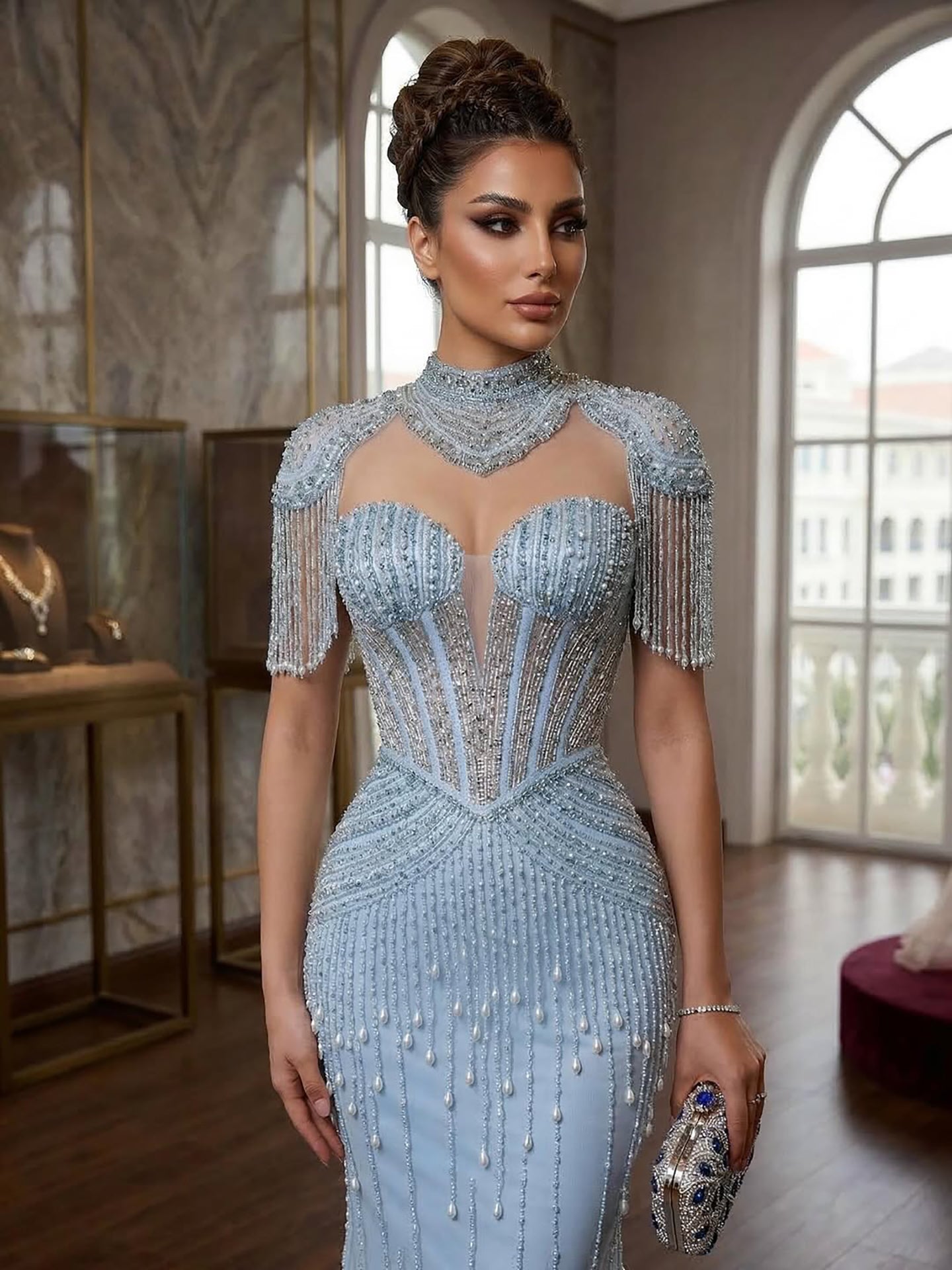 Luxury Nude Pearl Beaded Tassel Mermaid Evening Dress LA73183