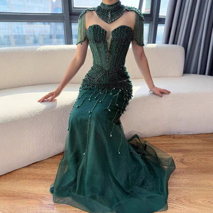 Luxury Nude Pearl Beaded Tassel Mermaid Evening Dress LA73183