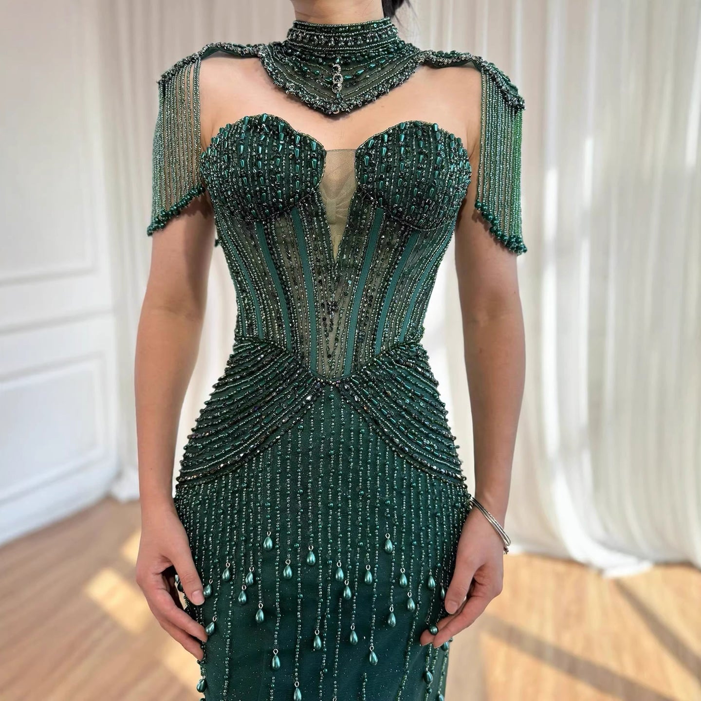 Luxury Nude Pearl Beaded Tassel Mermaid Evening Dress LA73183