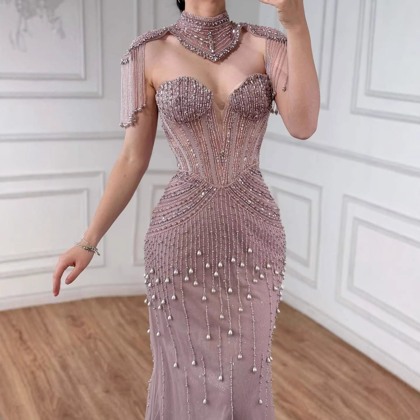 Luxury Nude Pearl Beaded Tassel Mermaid Evening Dress LA73183