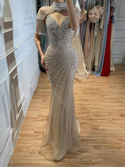 Luxury Pink Beaded Tassel Mermaid Evening Dress Long Gown LA73184