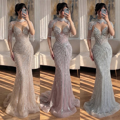 Luxury Nude Beaded Tassel Mermaid Evening Dress LA73184A