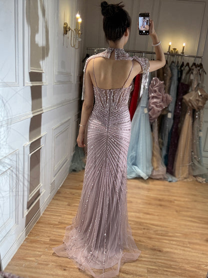 Luxury Nude Tassel Beaded Mermaid Evening Dress LA73184A