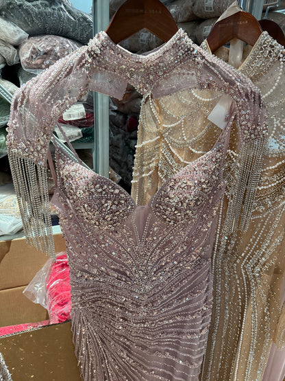 Luxury Nude Tassel Beaded Mermaid Evening Dress LA73184A