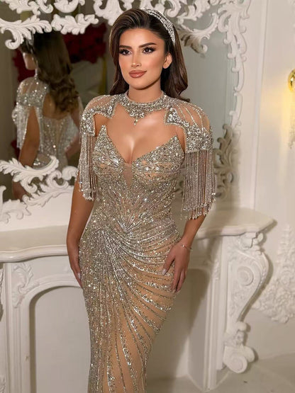 Luxury Nude Tassel Beaded Mermaid Evening Dress LA73184A