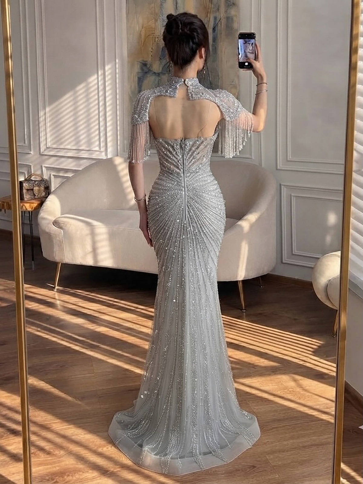 Luxury Nude Beaded Tassel Mermaid Evening Dress LA73184A