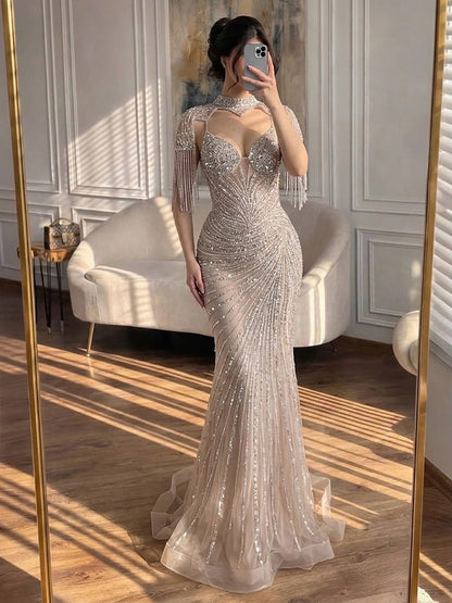 Luxury Nude Beaded Tassel Mermaid Evening Dress LA73184A