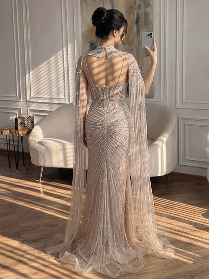 Luxury Nude Beaded Tassel Mermaid Evening Dress LA73184A