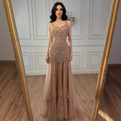 Luxury Nude Spaghetti Strap Beaded A line Evening Dress LA73189