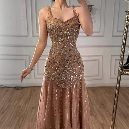 Luxury Nude Spaghetti Strap Beaded A line Evening Dress LA73189