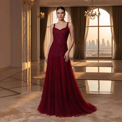 Luxury Arabic Nude Spaghetti Strap Beaded A-Line Evening Dress LA73189C