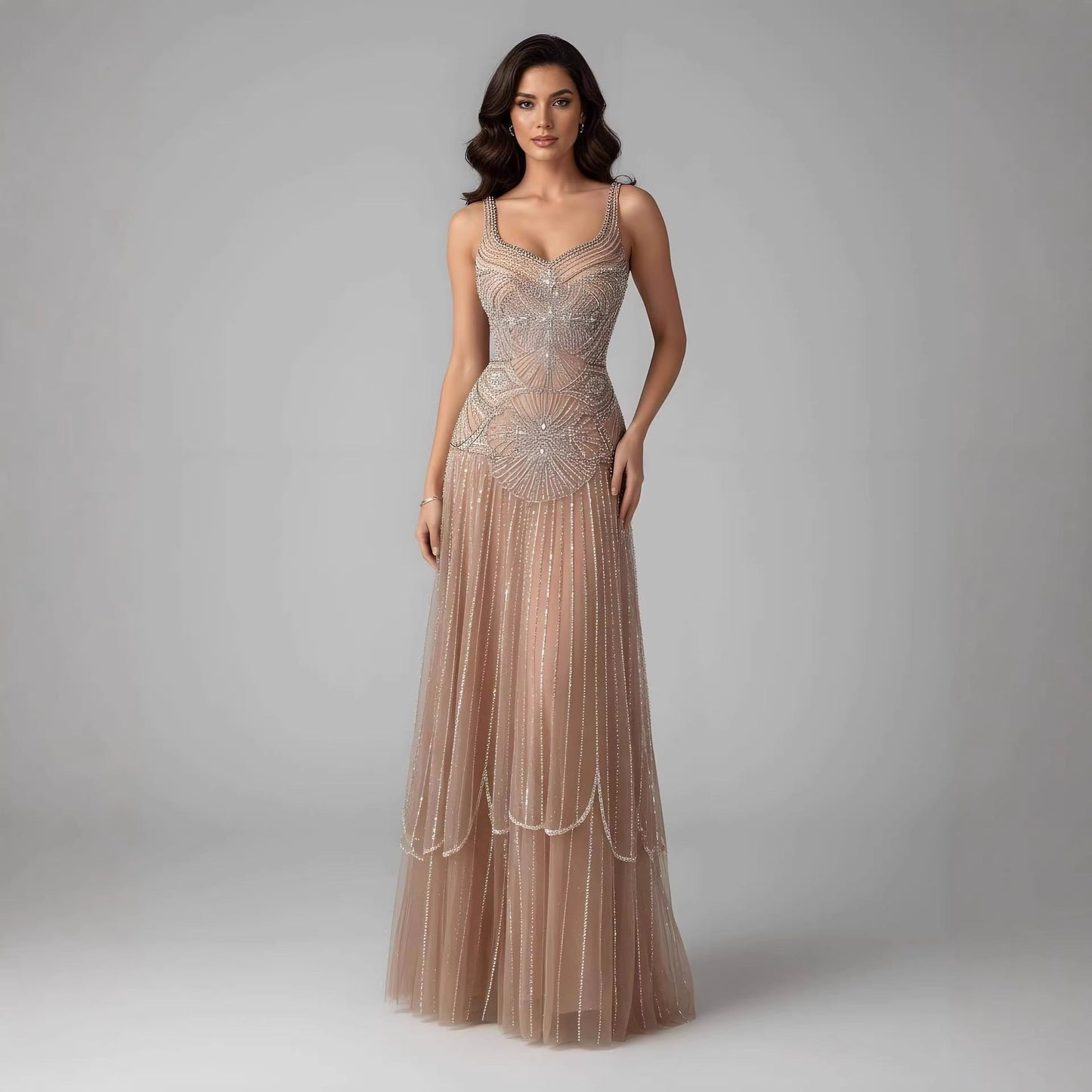 Luxury Arabic Nude Spaghetti Strap Beaded A-Line Evening Dress LA73189C