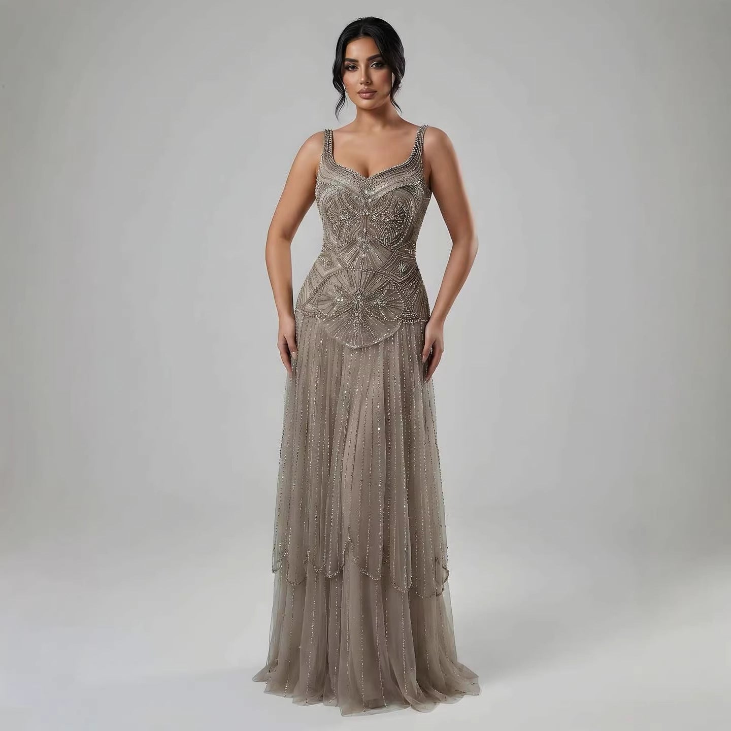 Luxury Arabic Nude Spaghetti Strap Beaded A-Line Evening Dress LA73189C