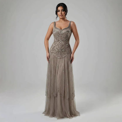 Luxury Arabic Nude Spaghetti Strap Beaded A-Line Evening Dress LA73189C