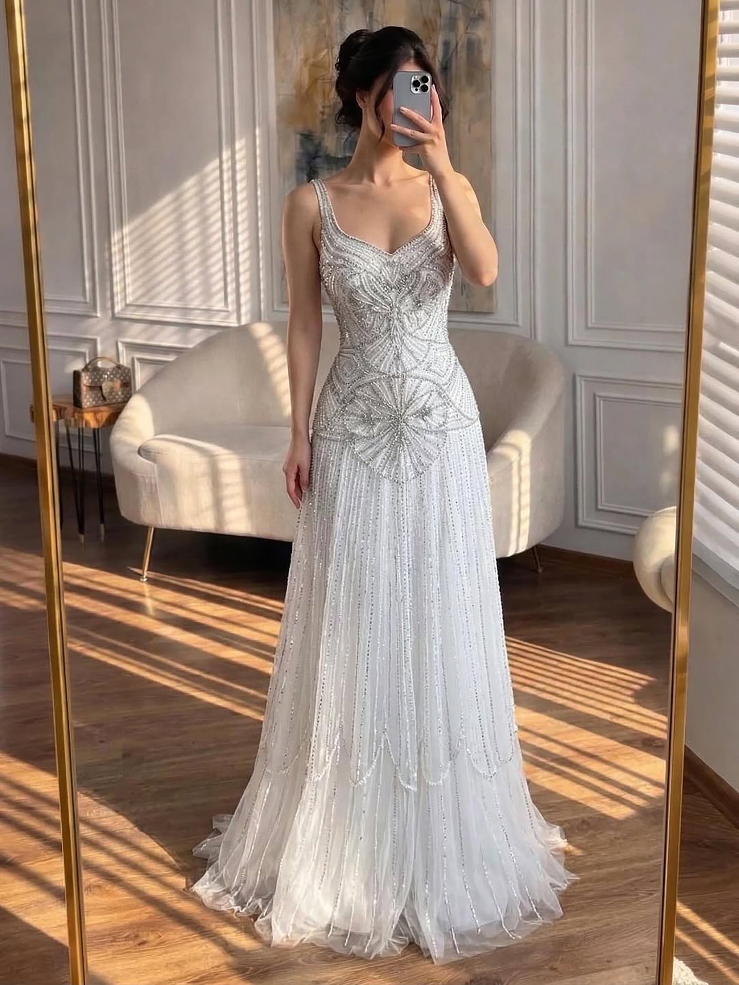 Luxury Arabic Nude Spaghetti Strap Beaded A-Line Evening Dress LA73189C