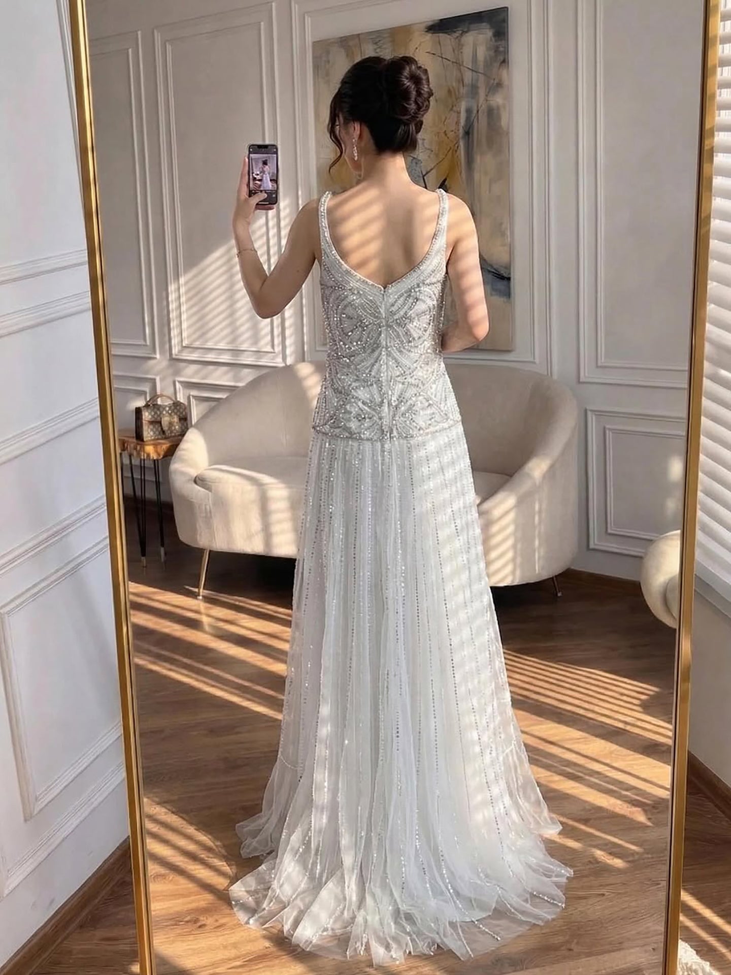 Luxury Arabic Nude Spaghetti Strap Beaded A-Line Evening Dress LA73189C