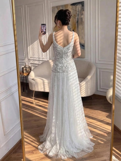 Luxury Arabic Nude Spaghetti Strap Beaded A-Line Evening Dress LA73189C