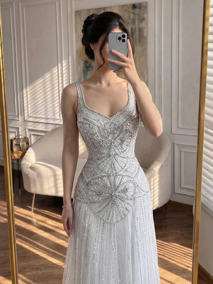 Luxury Arabic Nude Spaghetti Strap Beaded A-Line Evening Dress LA73189C