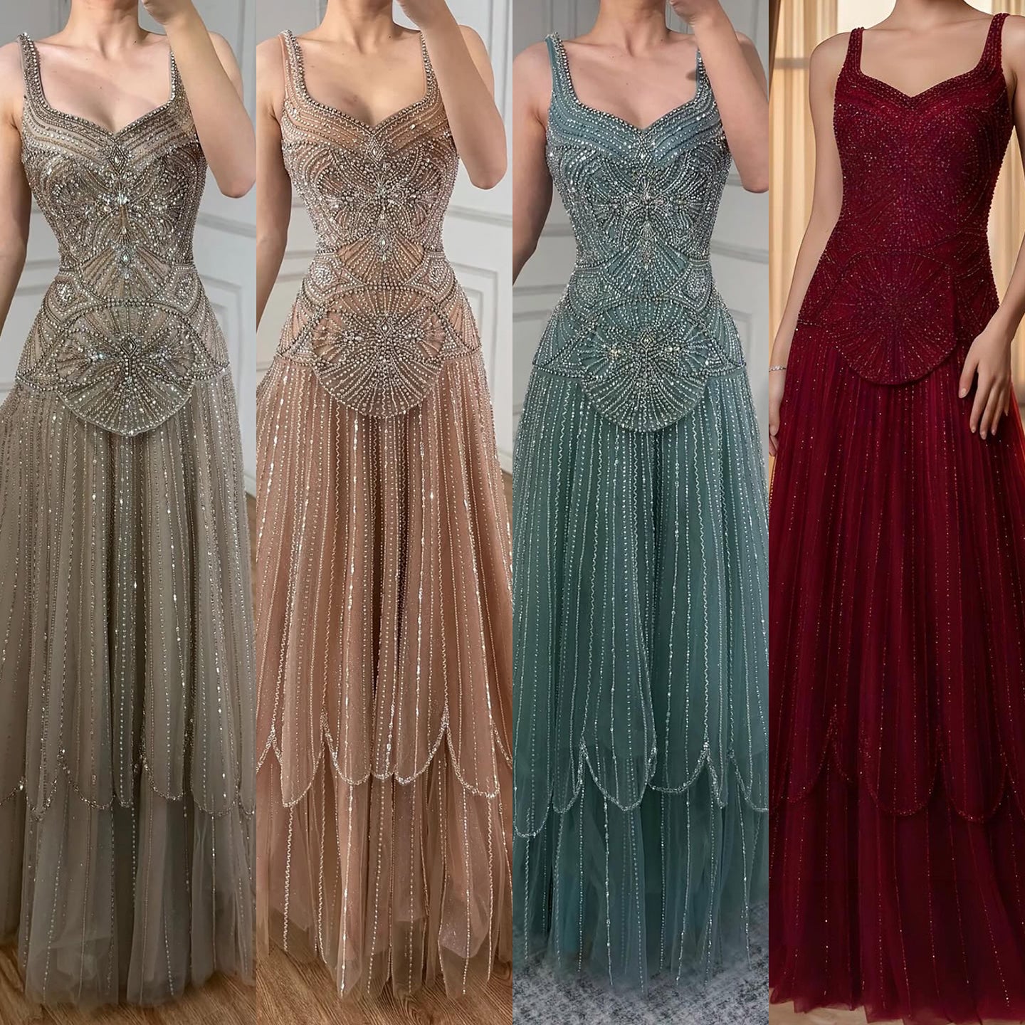 Luxury Arabic Nude Spaghetti Strap Beaded A-Line Evening Dress LA73189C