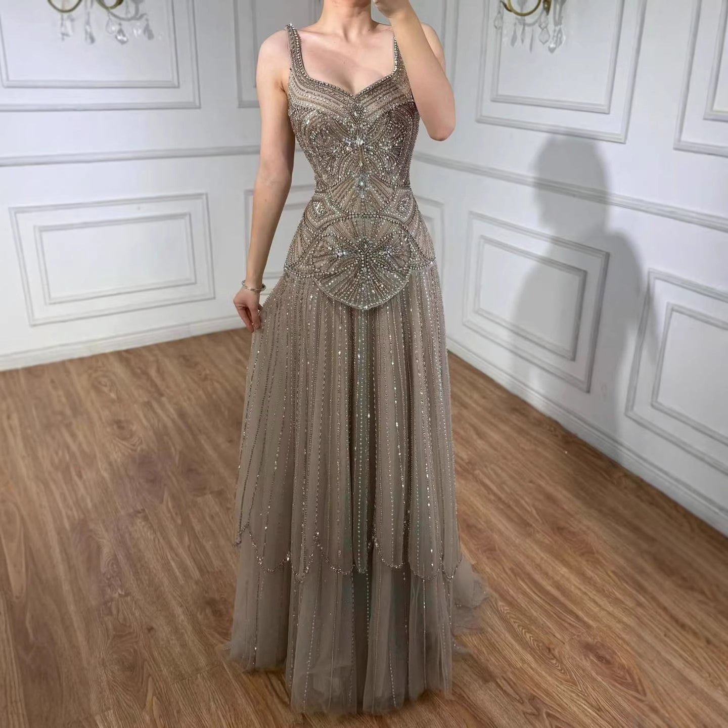 Luxury Arabic Nude Spaghetti Strap Beaded A-Line Evening Dress LA73189C