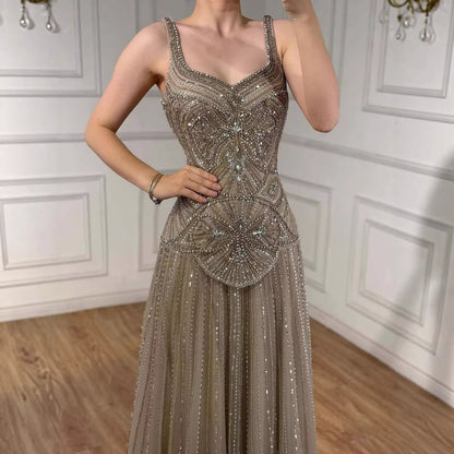 Luxury Arabic Nude Spaghetti Strap Beaded A-Line Evening Dress LA73189C