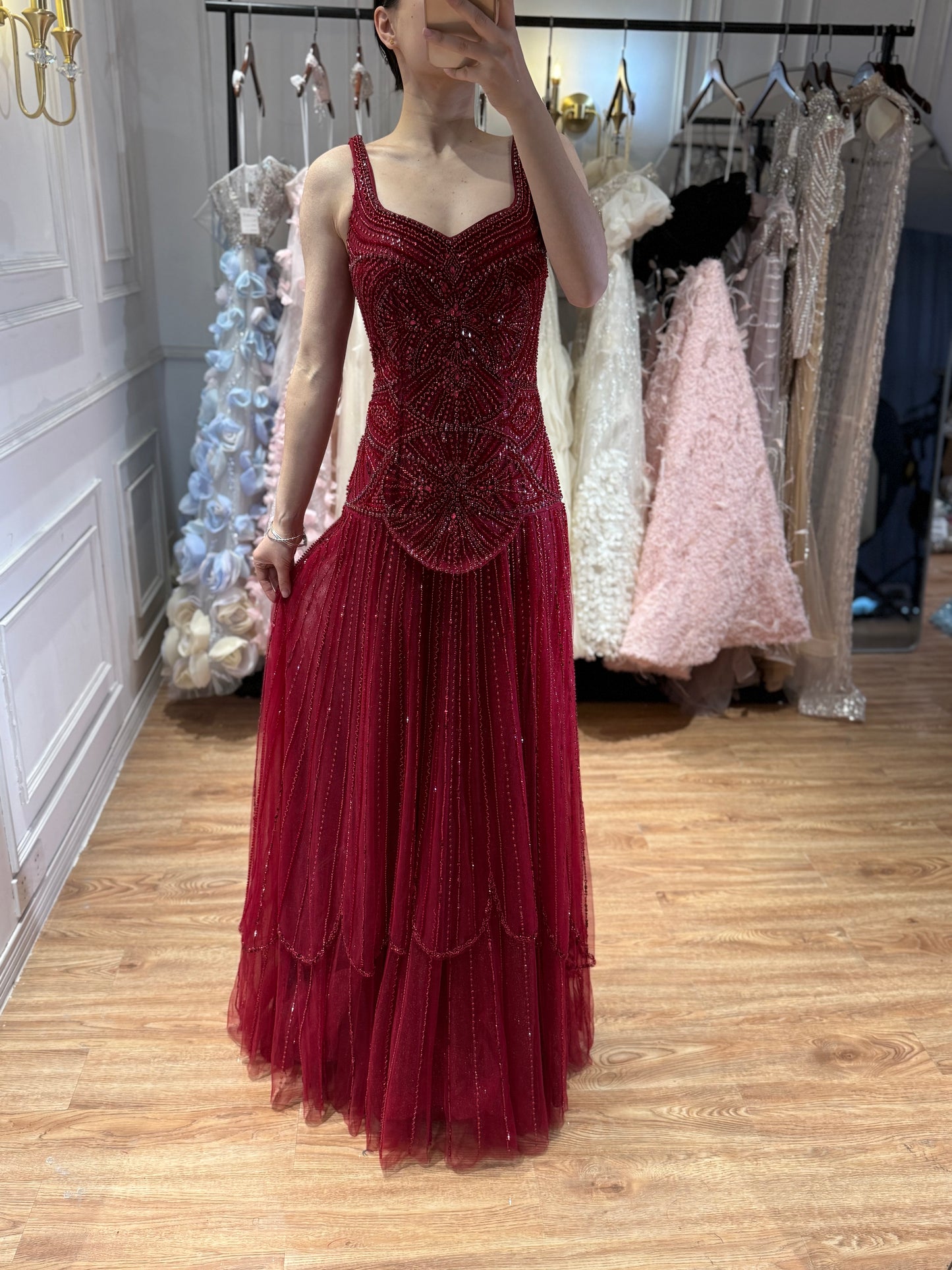 Luxury Arabic Nude Spaghetti Strap Beaded A-Line Evening Dress LA73189C