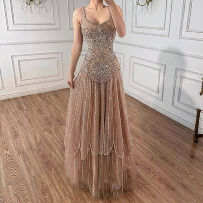 Luxury Arabic Nude Spaghetti Strap Beaded A-Line Evening Dress LA73189C