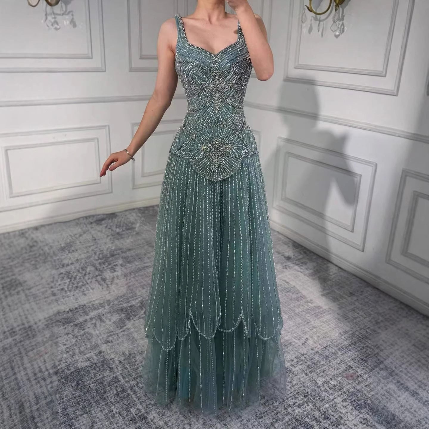 Luxury Arabic Nude Spaghetti Strap Beaded A-Line Evening Dress LA73189C