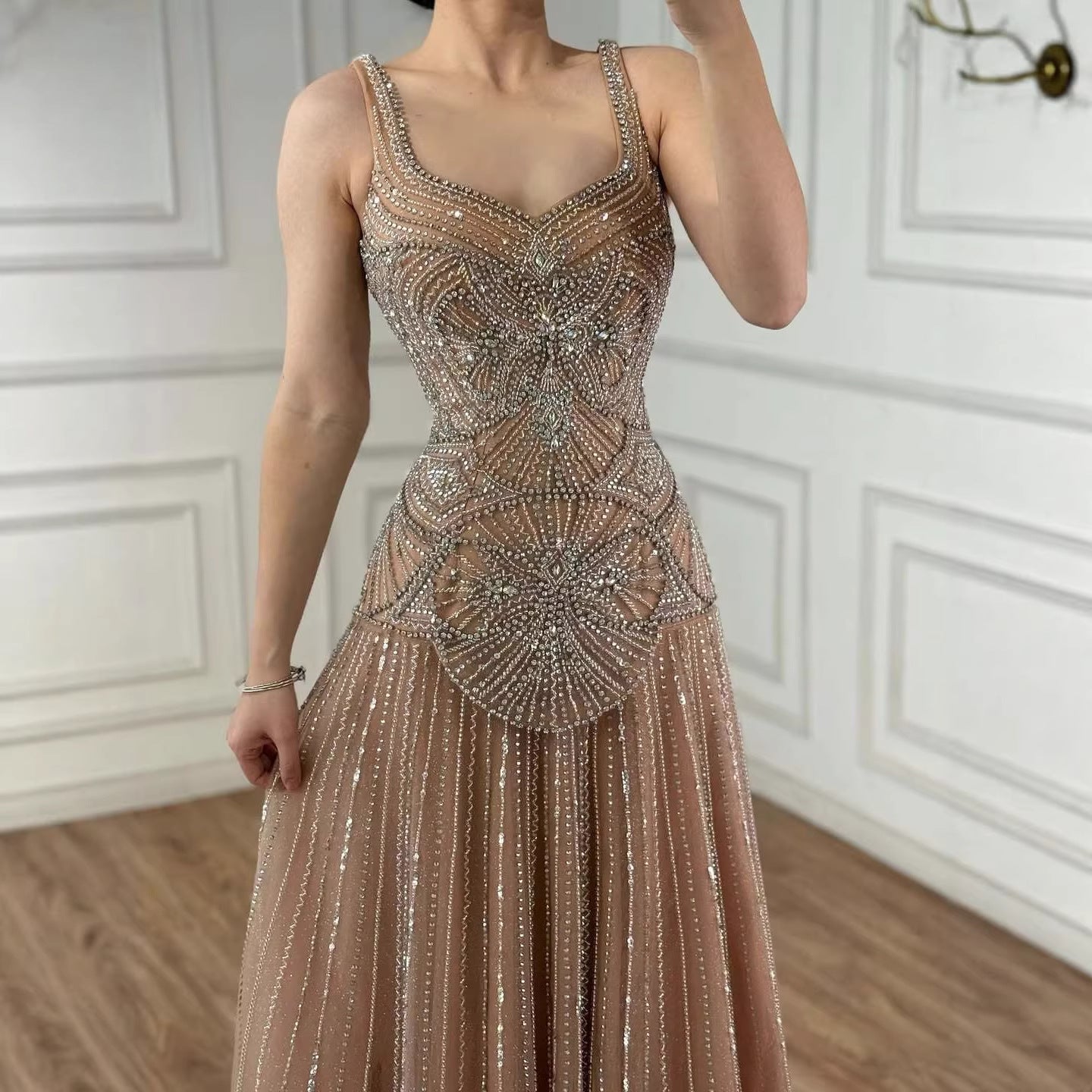 Luxury Arabic Nude Spaghetti Strap Beaded A-Line Evening Dress LA73189C
