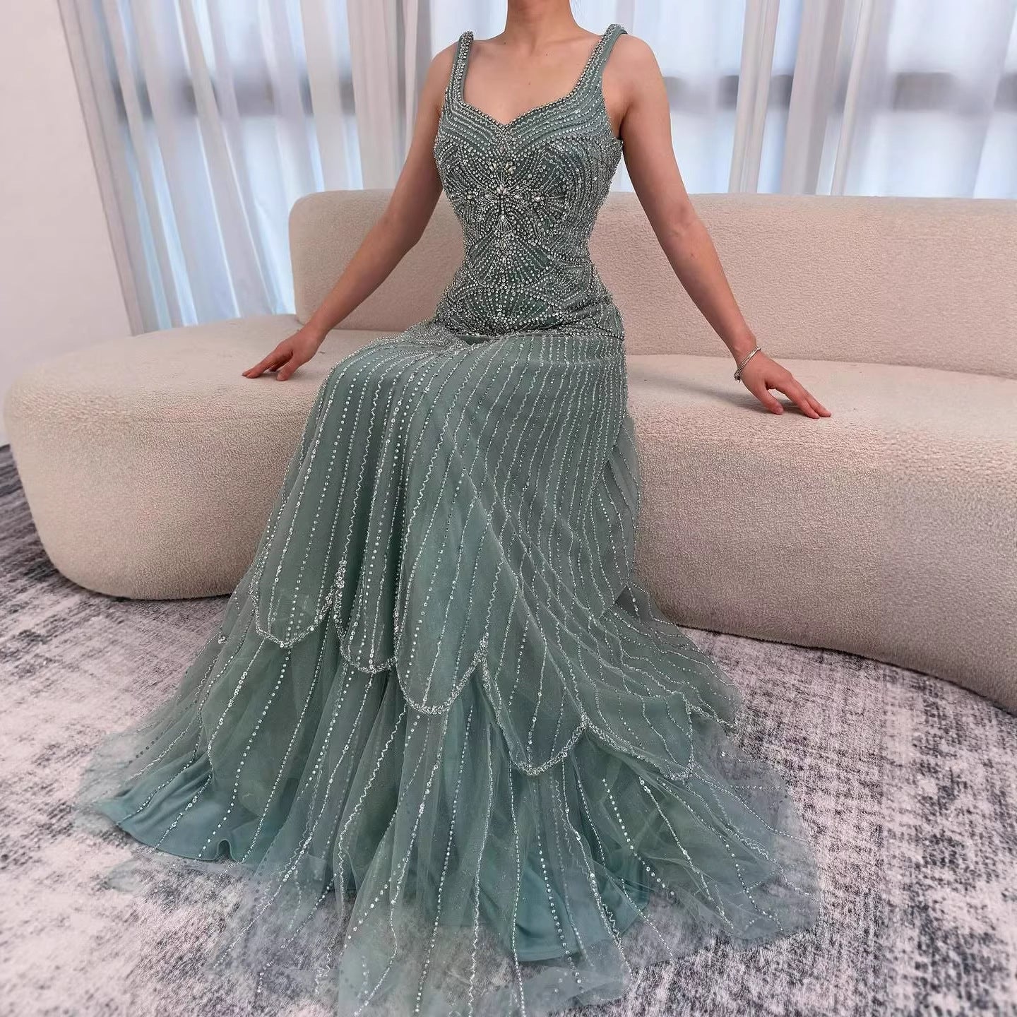 Luxury Arabic Nude Spaghetti Strap Beaded A-Line Evening Dress LA73189C