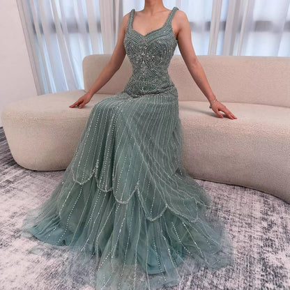 Luxury Arabic Nude Spaghetti Strap Beaded A-Line Evening Dress LA73189C