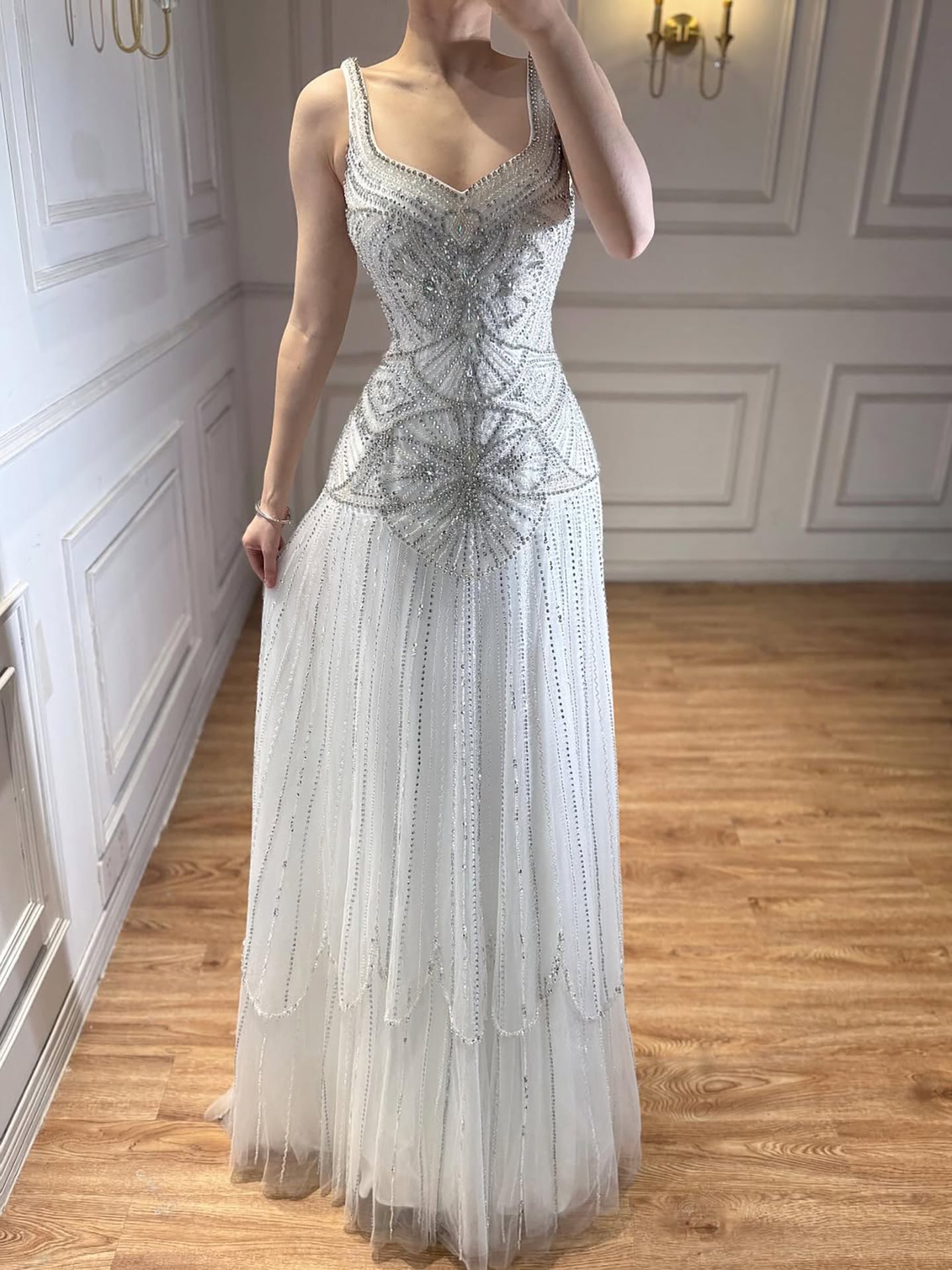 Luxury Arabic Nude Spaghetti Strap Beaded A-Line Evening Dress LA73189C
