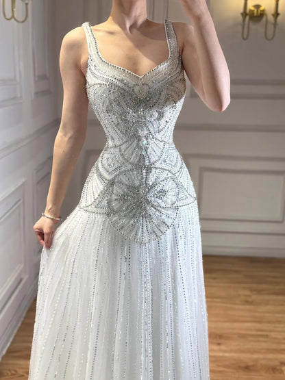 Luxury Arabic Nude Spaghetti Strap Beaded A-Line Evening Dress LA73189C