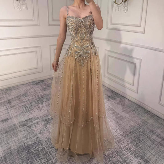 Luxury Nude Beaded A Line Evening Dress Spaghetti Strap LA73189D