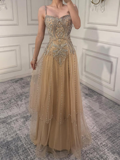 Luxury Nude Beaded A Line Evening Dress Spaghetti Strap LA73189D
