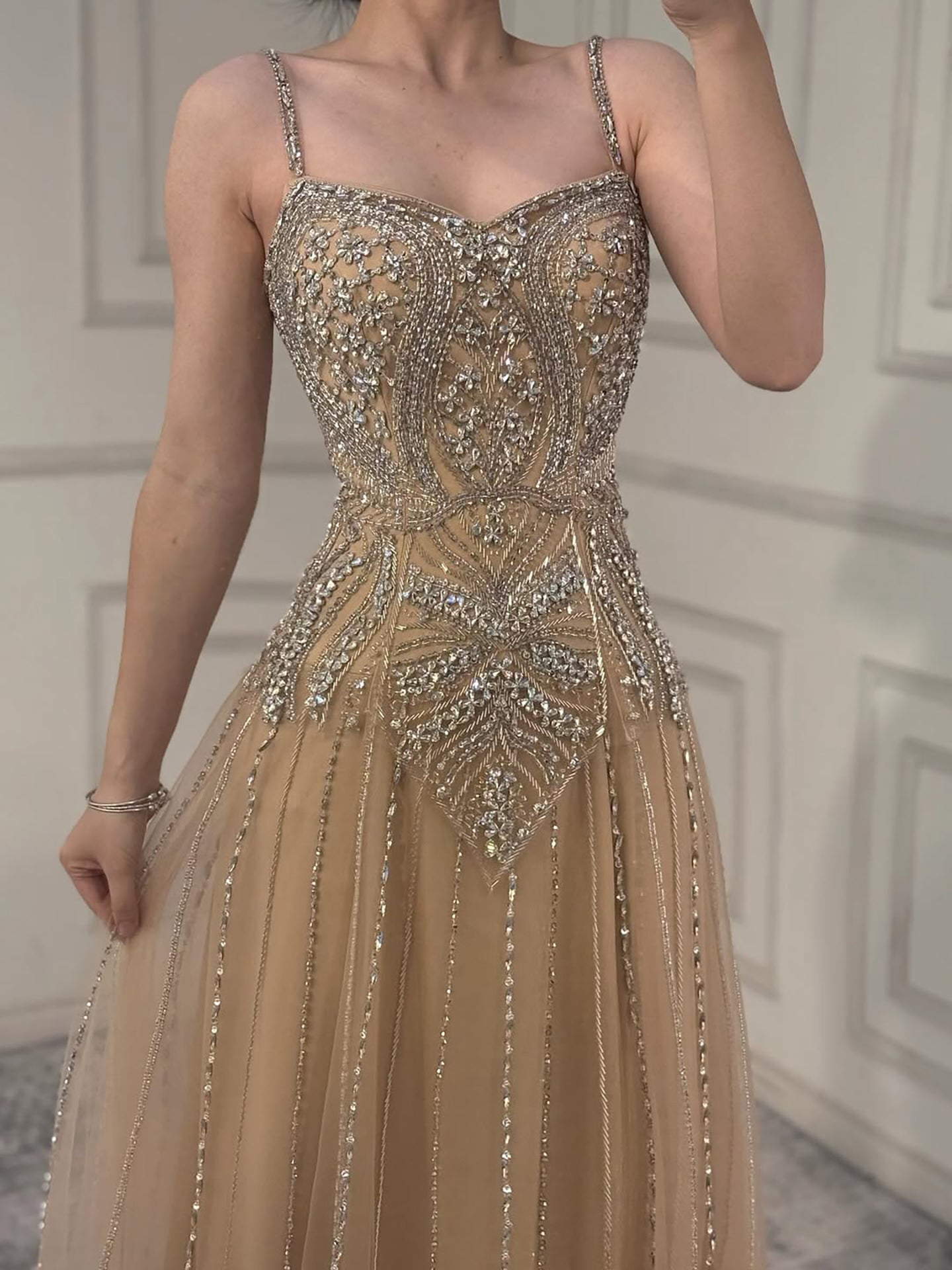 Luxury Nude Beaded A Line Evening Dress Spaghetti Strap LA73189D