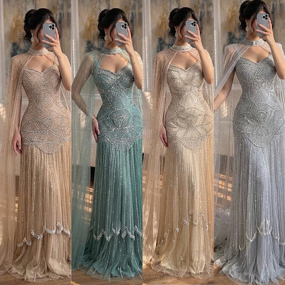 Luxury Gold Beaded Mermaid Evening Dress with Cape LA73189E
