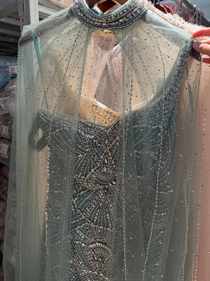 Luxury Gold Beaded Mermaid Evening Dress with Cape LA73189E
