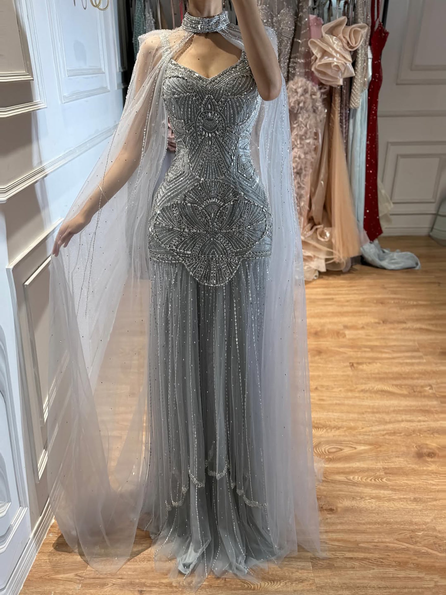 Luxury Gold Beaded Mermaid Evening Dress with Cape LA73189E