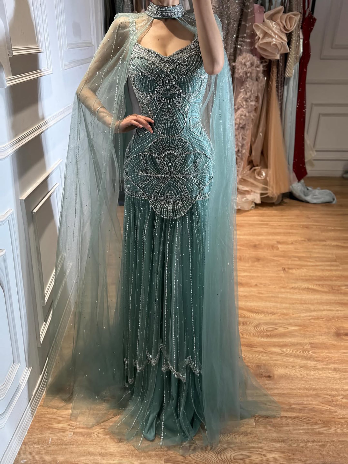 Luxury Gold Beaded Mermaid Evening Dress with Cape LA73189E