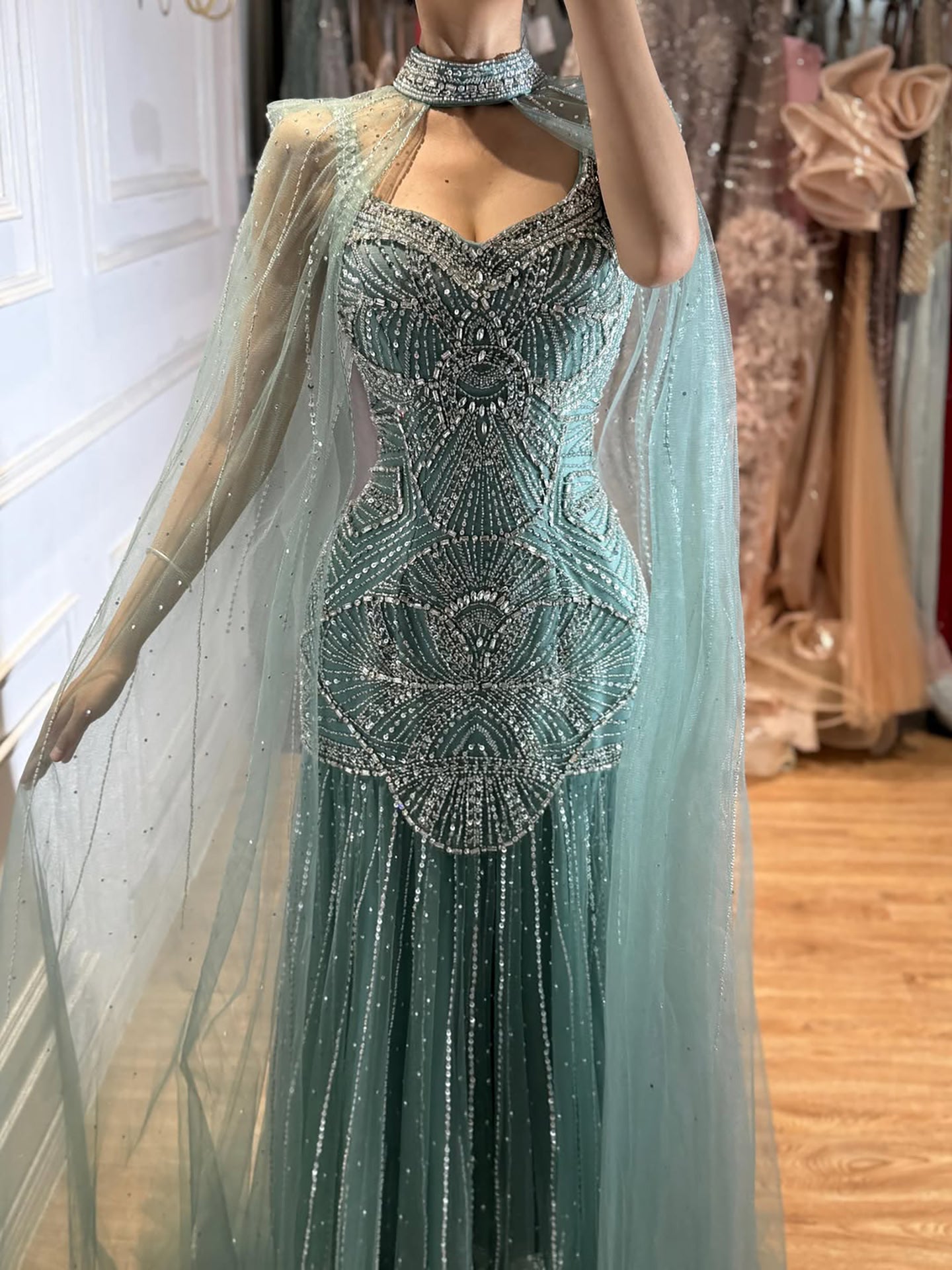 Luxury Gold Beaded Mermaid Evening Dress with Cape LA73189E