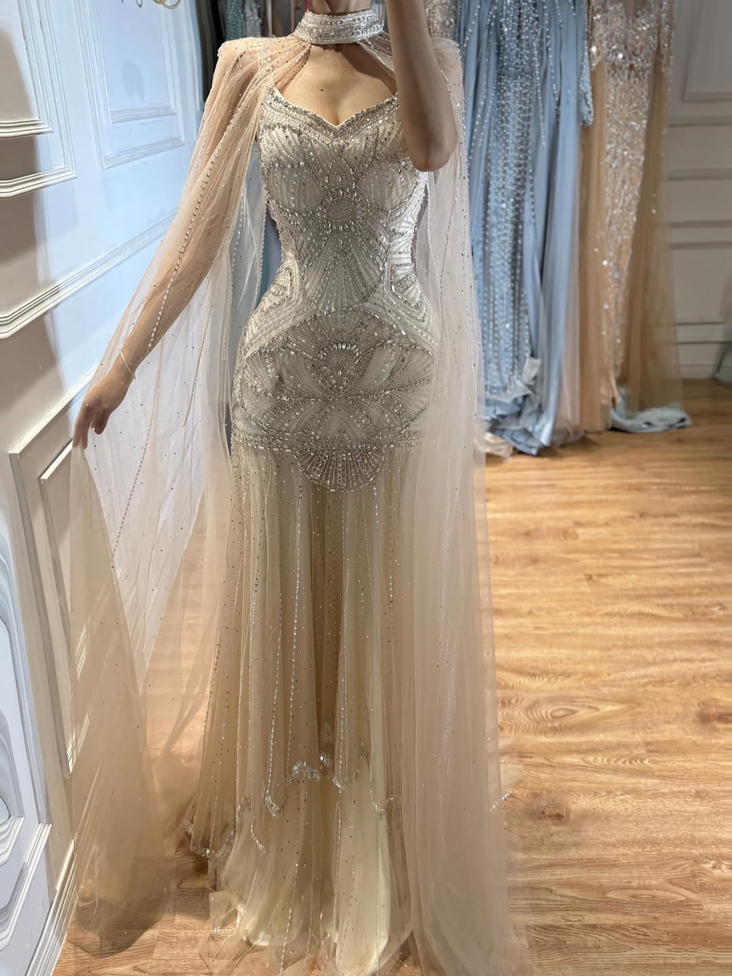 Luxury Gold Beaded Mermaid Evening Dress with Cape LA73189E