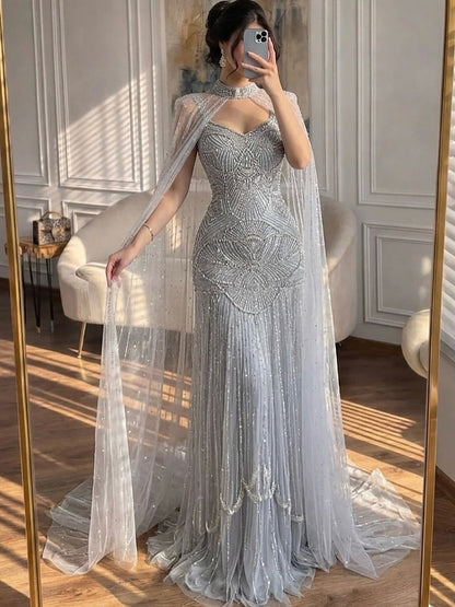 Luxury Gold Beaded Mermaid Evening Dress with Cape LA73189E