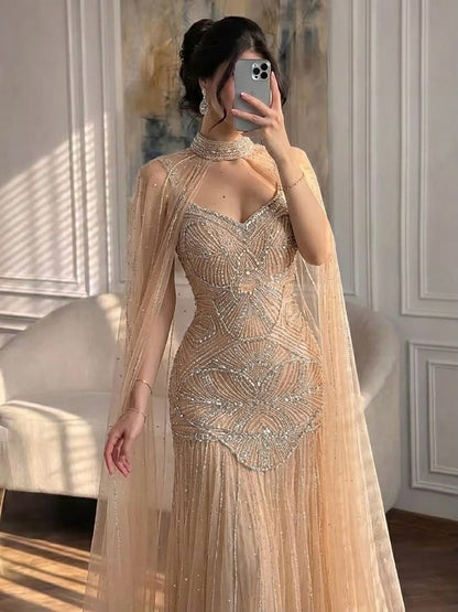 Luxury Gold Beaded Mermaid Evening Dress with Cape LA73189E