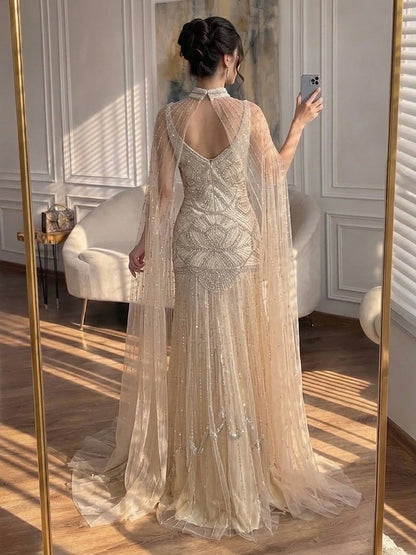 Luxury Gold Beaded Mermaid Evening Dress with Cape LA73189E