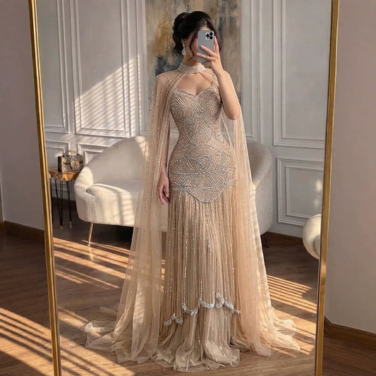Luxury Gold Beaded Mermaid Evening Dress with Cape LA73189E