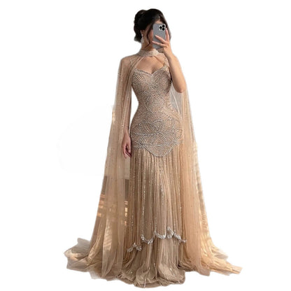 Luxury Gold Beaded Mermaid Evening Dress with Cape LA73189E