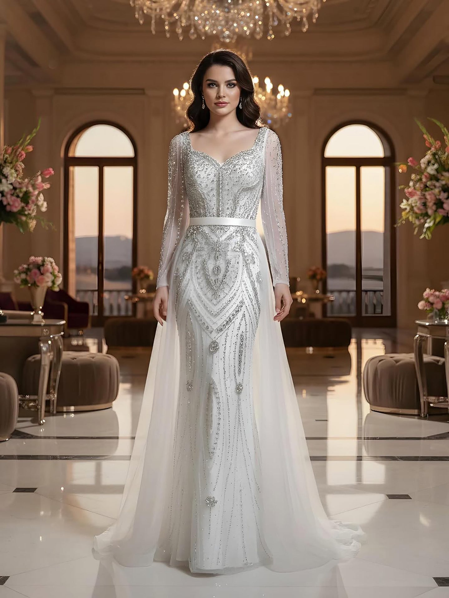 Luxury Nude Beaded Mermaid Evening Dress with Overskirt LA73190