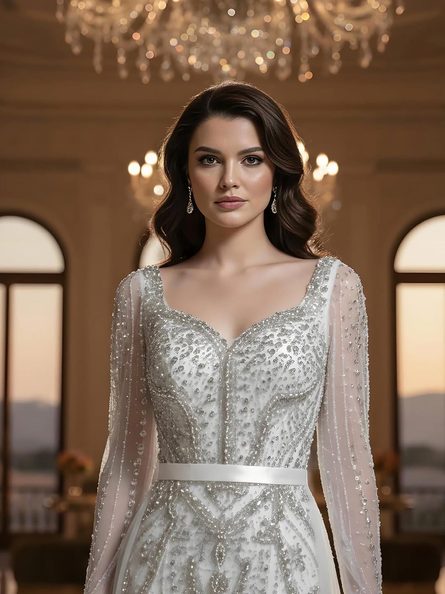 Luxury Nude Beaded Mermaid Evening Dress with Overskirt LA73190